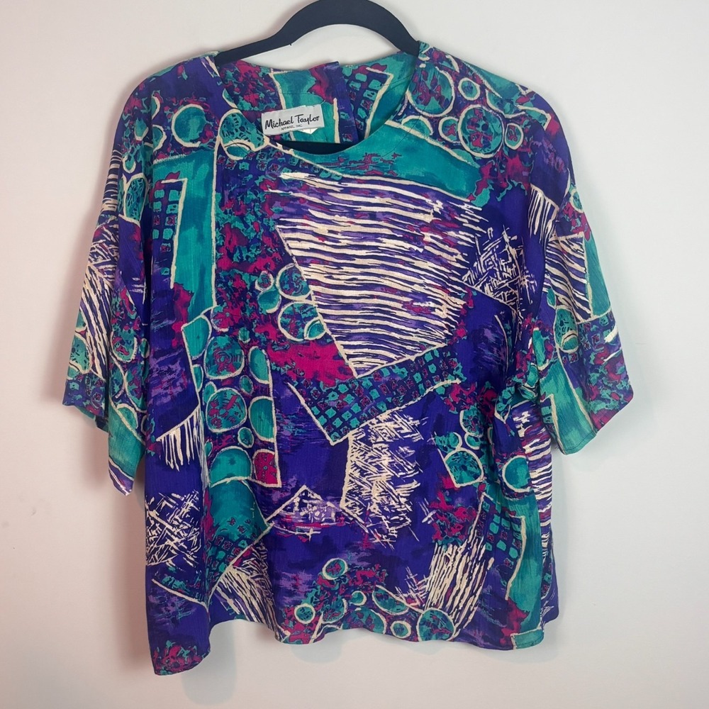 VTG 90's Michael Taylor Purple Abstract print Short Sleeve‎ Rayon Blouse sz MED